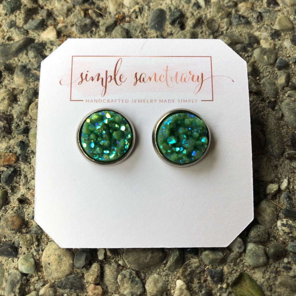 Faux Green Druzy and Silver Earrings